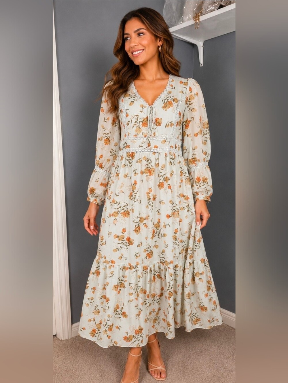 White and Brown Long Sleeve Sundress with Bishop Sleeves